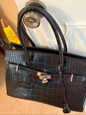 Black Croc-Embossed Satchel with Silver Hardware